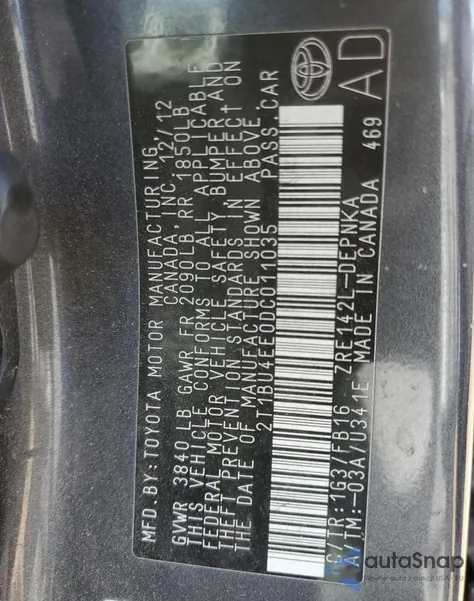 2013 Toyota Corolla Base from USA, damaged, VIN 2T1BU4EE0DC011035